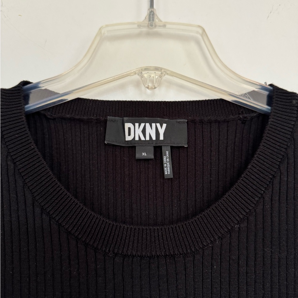 DKNY Black Ribbed Sweater with Printed Puff Sheer Sleeves Office Work Sz XL - Picture 5 of 6